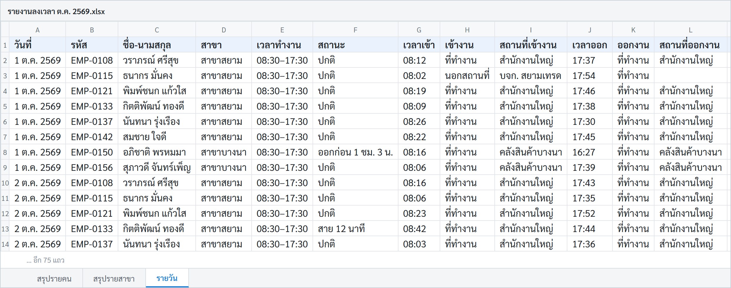 ตัวอย่างไฟล์ Excel รายวัน